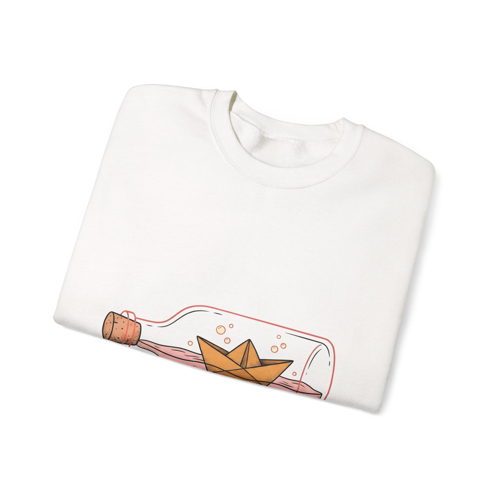 Paper Boat Bottle Sweatshirt Cute Nautical Gift Women Whimsical Sweatshirt Glass Bottle Sweatshirt Adorable Fan Artistic Sweatshirt Maritime Graphic Hand Drawn