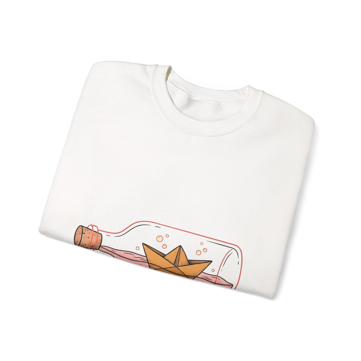 Paper Boat Bottle Sweatshirt Cute Nautical Gift Women Whimsical Sweatshirt Glass Bottle Sweatshirt Adorable Fan Artistic Sweatshirt Maritime Graphic Hand Drawn