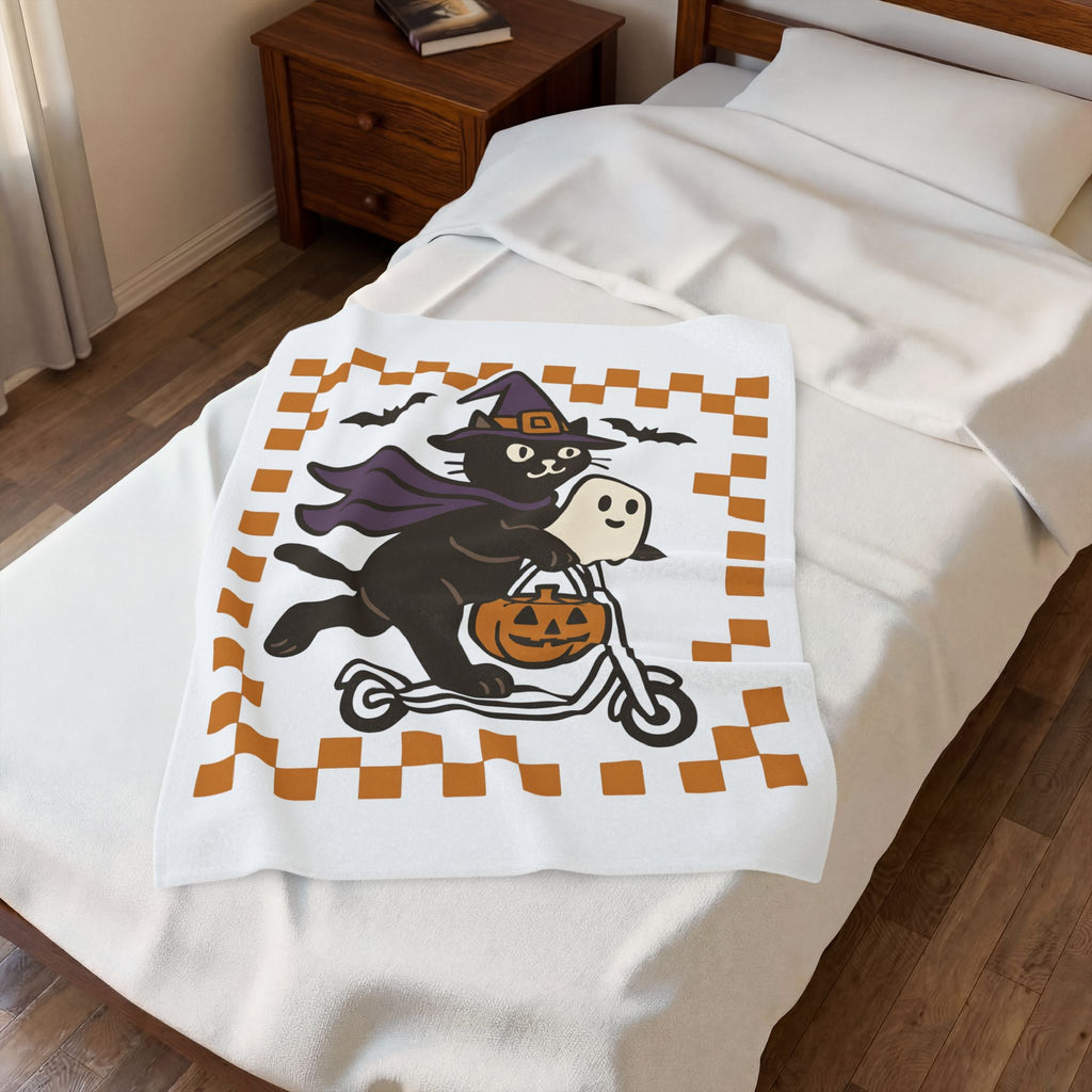 Witch Kitty Design Blanket Cat Holiday Gift Women Cute Blanket Cat Lady Blanket Feline Fan Kawaii Blanket Halloween Graphic Vintage Jack-O-Lantern