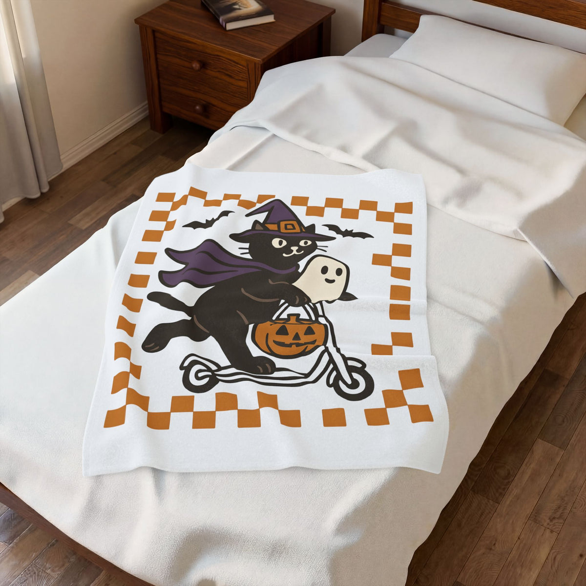 Witch Kitty Design Blanket Cat Holiday Gift Women Cute Blanket Cat Lady Blanket Feline Fan Kawaii Blanket Halloween Graphic Vintage Jack-O-Lantern
