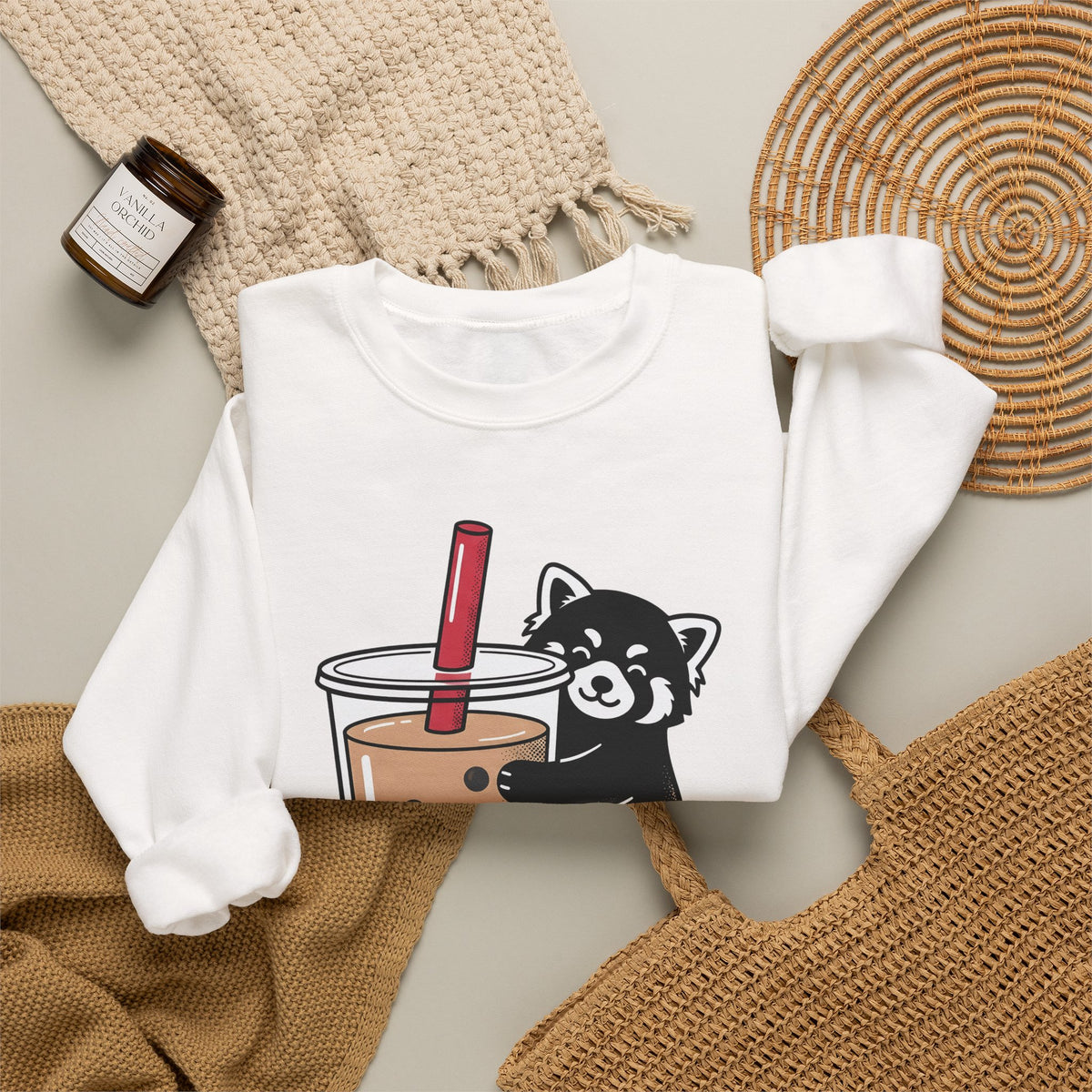 Red Panda Drink Sweatshirt Boba Wildlife Gift Women Adorable Sweatshirt Panda Drink Sweatshirt Bubble Tea Fan Cute Sweatshirt Animal Graphic Animated Milk Tea