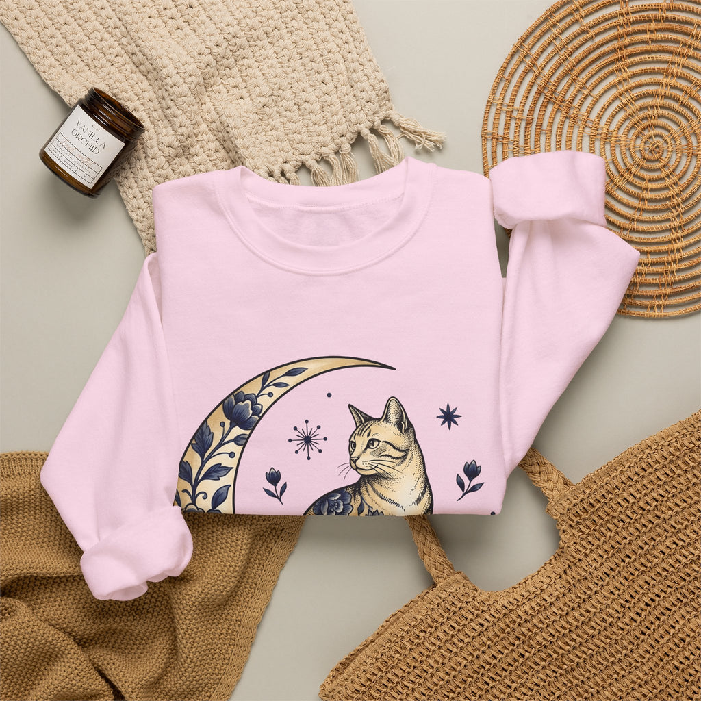Flower Kitty Sweatshirt Cat Astrology Gift Women Hippie Sweatshirt Kitty Cat Sweatshirt Cat Fan Zodiac Graphic Sweatshirt Retro Half Moon Sweatshirt