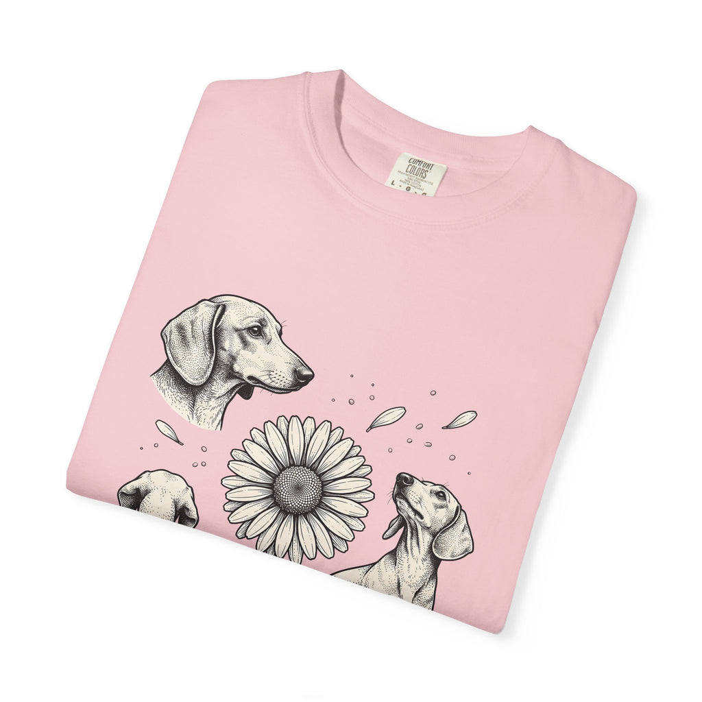 Dachshund Dog T-Shirt Dog Floral Gift Women Hand Drawn T-Shirt Wiener Dog T-Shirt Dog Fan Illustrated Design Vintage Daisy Flower T-Shirt