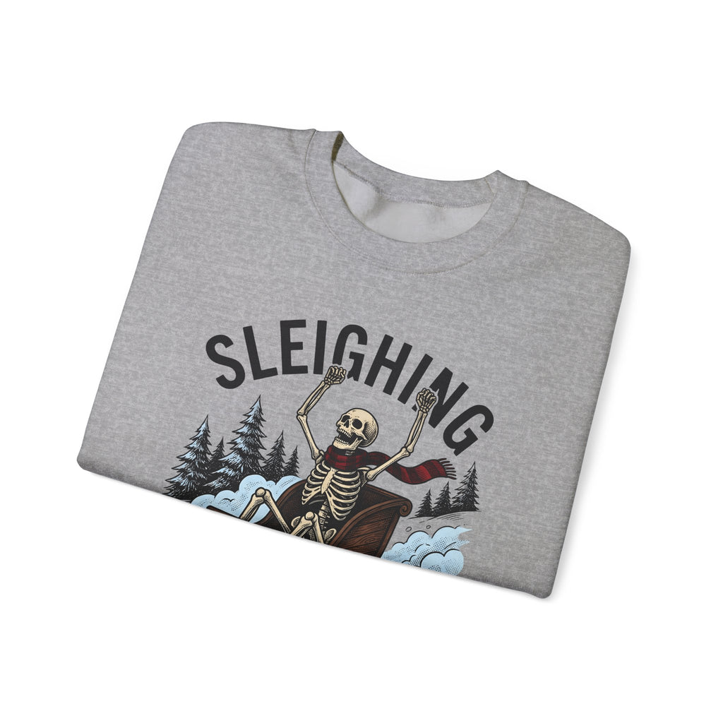 Bone Sleigh Sweatshirt Christmas Comedy Gift Women Shabby Chic Sweatshirt Sleigh Bell Sweatshirt Xmas Fan Distressed Sweatshirt Humor Graphic Doodle Fir Trees