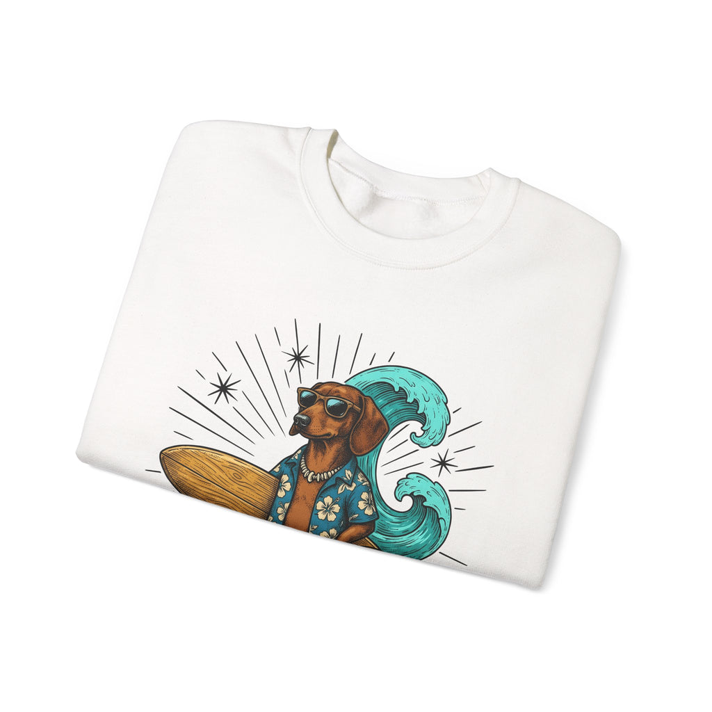 Dachshund Surfer Sweatshirt Dog Holiday Gift Women Animated Sweatshirt Wiener Dog Sweatshirt Dog Fan Cartoon Sweatshirt Vacation Graphic Retro Surfboard Sweatshirt
