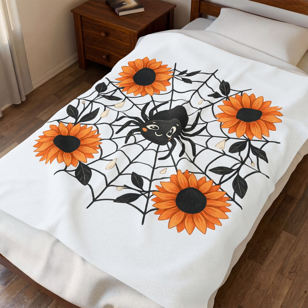 Spider Web Sunflower Blanket Boho Chic Autumn Gift Women Cartoon Blanket Sunflower Blanket Hippie Fan Comic Blanket Fall Graphic Doodle Petal