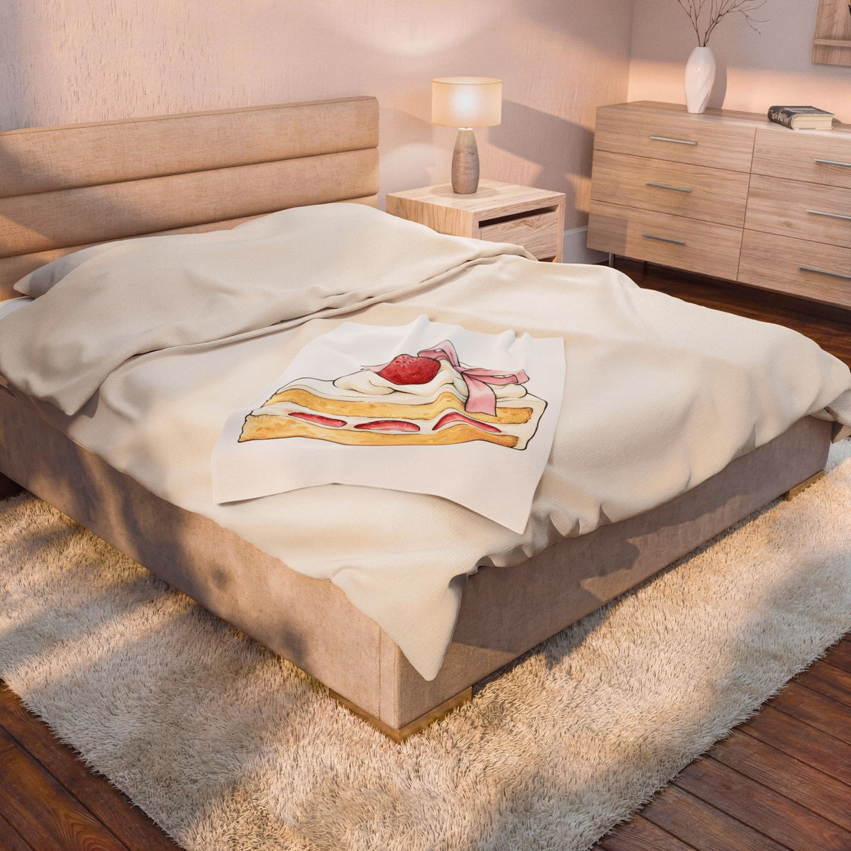 Strawberry Pastry Blanket Desserts Sweets Gift Women Gouache Blanket Tart Blanket Dessert Fan Watercolor Blanket Candy Graphic Line Art Pink Tie