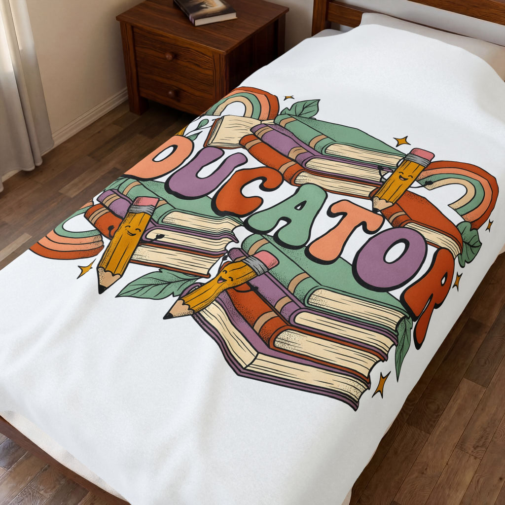 Books Pencils Blanket Teacher School Gift Women Cartoon Blanket Stationery Blanket Educator Enthusiast Comic Blanket Classroom Graphic Retro