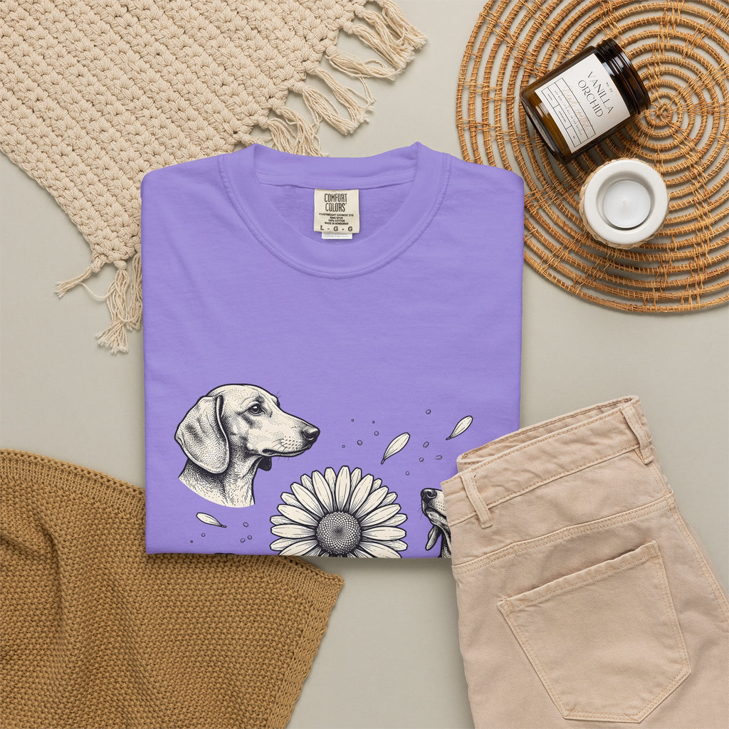 Dachshund Dog T-Shirt Dog Floral Gift Women Hand Drawn T-Shirt Wiener Dog T-Shirt Dog Fan Illustrated Design Vintage Daisy Flower T-Shirt