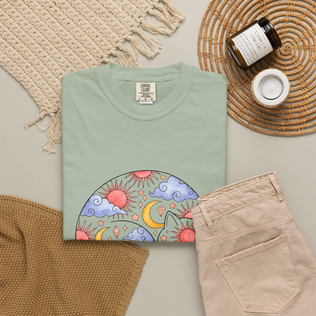 Space Cat T-Shirt Cat Constellation Gift Women Earthy T-Shirt Kitty T-Shirt Cat Fan Feline T-Shirt Galaxy Graphic Pigment Orb T-Shirt
