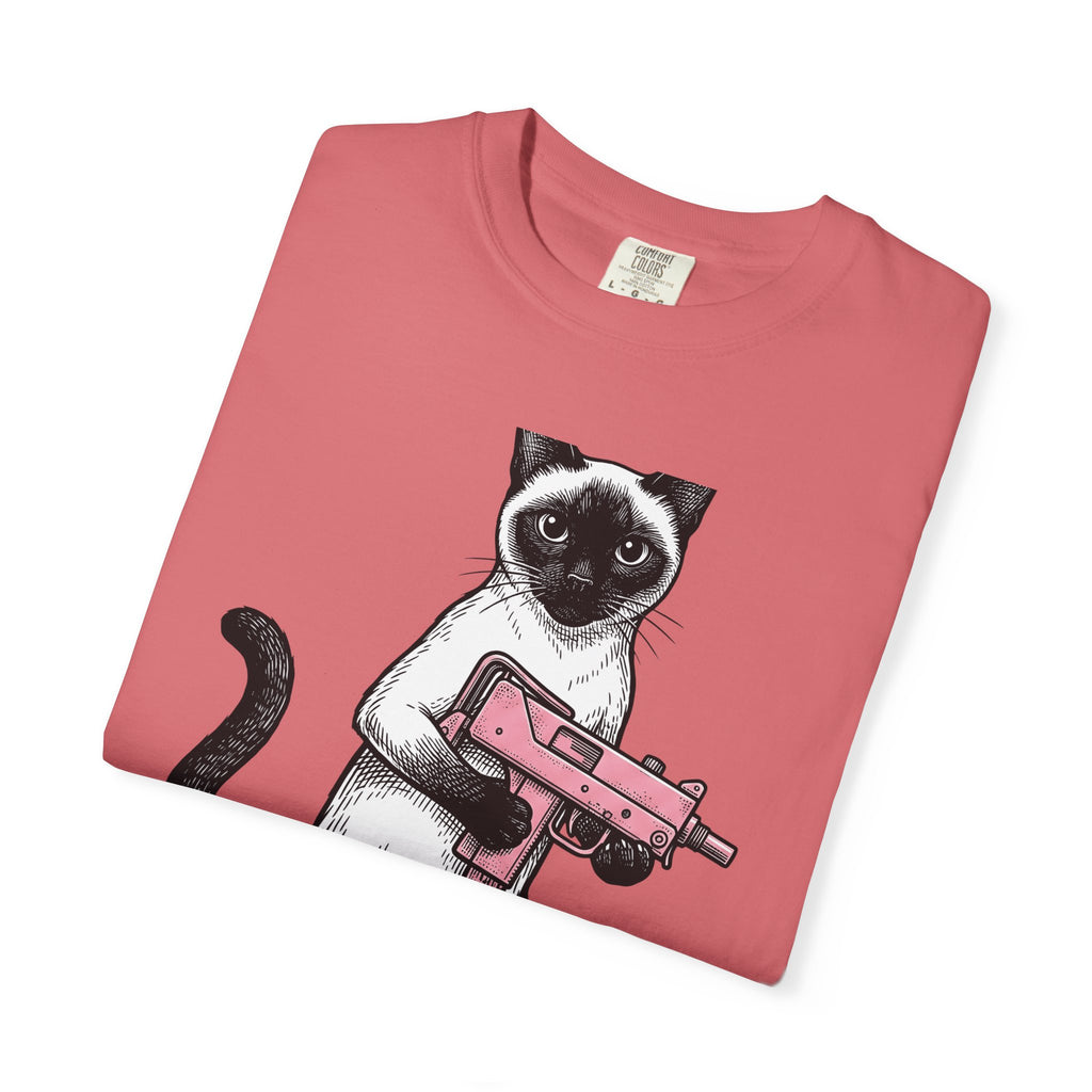 Siamese Cat T-Shirt Cat Humor Gift Women Hand Drawn T-Shirt Siamese T-Shirt Feline Fan Illustrated Graphic T-Shirt Vintage Toy Gun T-Shirt