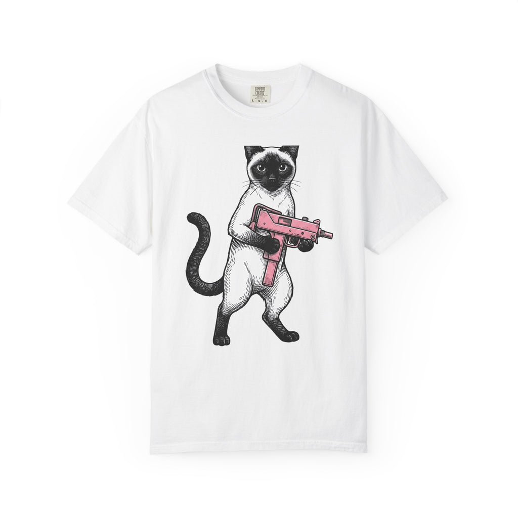 Siamese Cat T-Shirt Cat Humor Gift Women Hand Drawn T-Shirt Siamese T-Shirt Feline Fan Illustrated Graphic T-Shirt Vintage Toy Gun T-Shirt