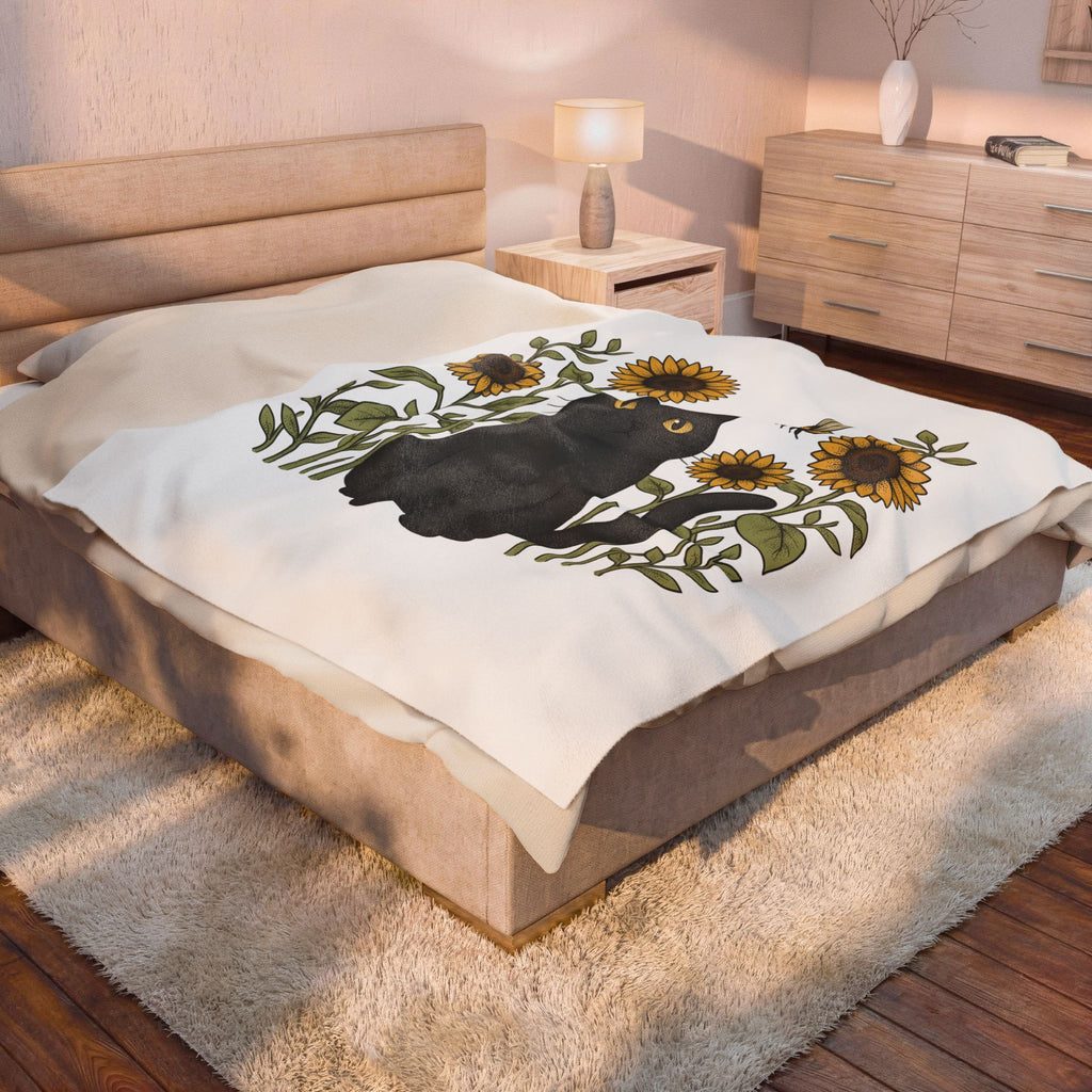 Dark Cat Blanket Boho Chic Garden Gift Women Line Art Blanket Black Cat Blanket Bohemian Fan Minimalist Blanket Gardening Graphic Cartoon Yellow