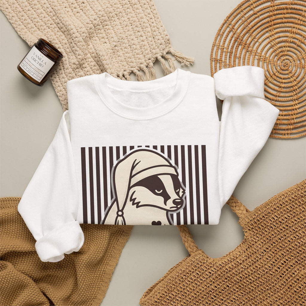 Dozing Badger Sweatshirt Funny Mammal Gift Women Cartoon Sweatshirt Badger Sweatshirt Humor Fan Comic Sweatshirt Wildlife Graphic Hand Drawn Bedtime Hat Sweatshirt
