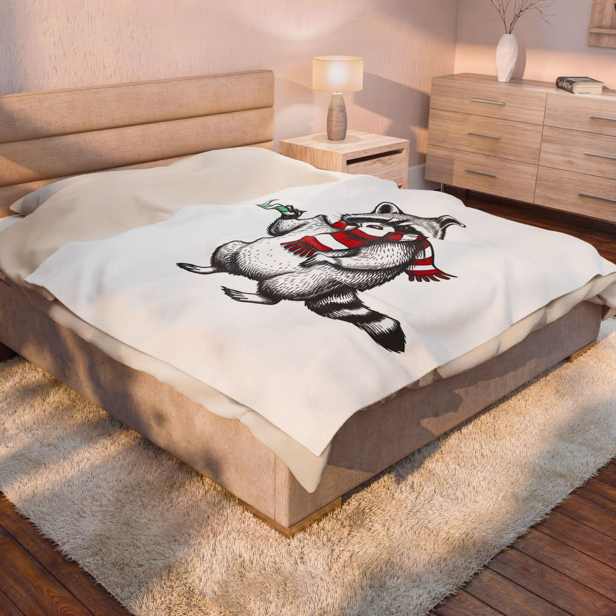 Raccoon Illustration Blanket Animals Holiday Gift Women Sketch Blanket Trash Panda Blanket Wildlife Fan Drawing Graphic Christmas Retro Peppermint