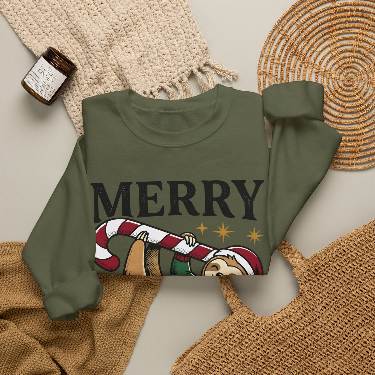 Sloth Festive Cane Sweatshirt Christmas Critter Gift Women Doodle Sweatshirt Sloth Sweatshirt Xmas Fan Hand Drawn Sweatshirt Creature Graphic Nostalgic Box
