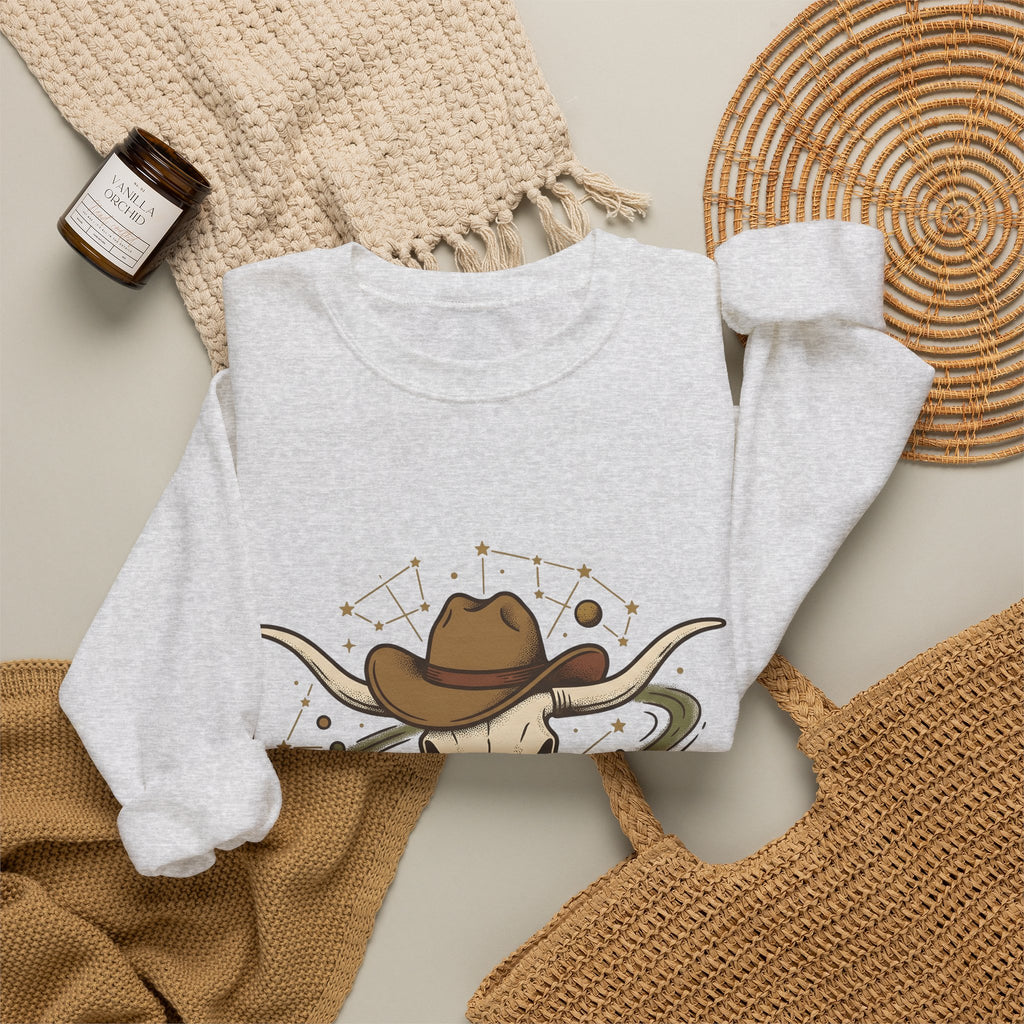 Longhorn Skull Hat Sweatshirt Cowgirl Western Gift Women Vintage Sweatshirt Skullcap Sweatshirt Rodeo Fan Retro Sweatshirt Design Retro Planets Sweatshirt