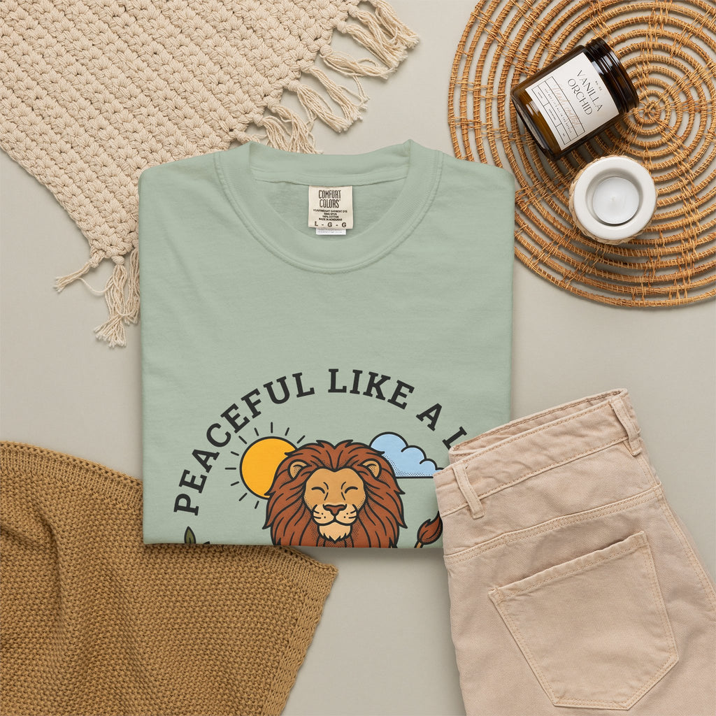 Meditating Lion T-Shirt Yoga Mindfulness Gift Women Cartoon T-Shirt Lioness T-Shirt Yoga Enthusiast Comic T-Shirt Meditation Graphic Minimalist Sun