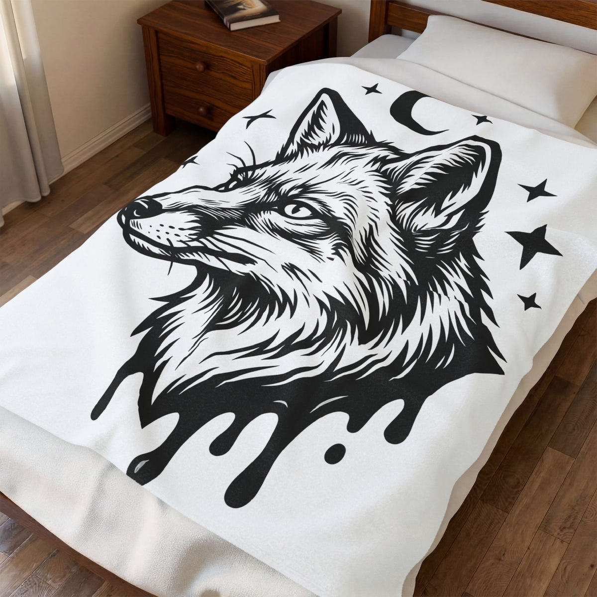 Wolf Portrait Blanket Boho Chic Fauna Gift Women Sketch Blanket Canine Blanket Bohemian Fan Drawing Design Graphic Creature Illustration Graphic