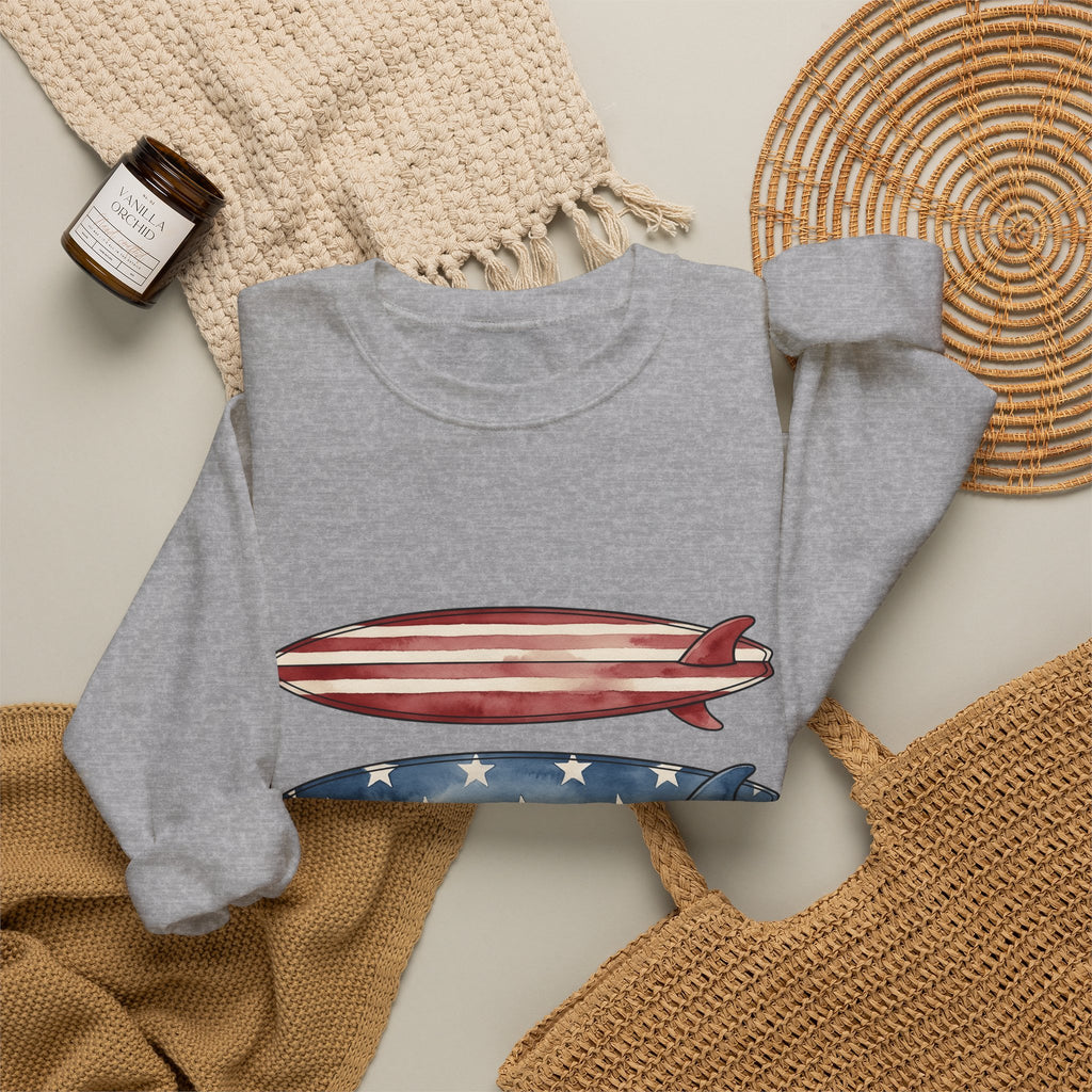 American Surfboards Sweatshirt 4th Of July Ocean Gift Women Painting Sweatshirt Surfboard Sweatshirt Independence Day Fan Artistic Sweatshirt Sea Graphic Retro