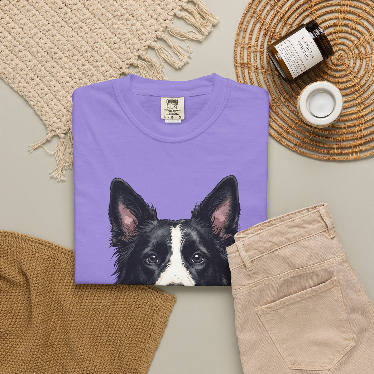 Border Collie Puppy T-Shirt Dog Pets Gift Women Line Art T-Shirt Puppy T-Shirt Dog Fan Collie T-Shirt Animal Graphic Hand Drawn Woven Collar T-Shirt
