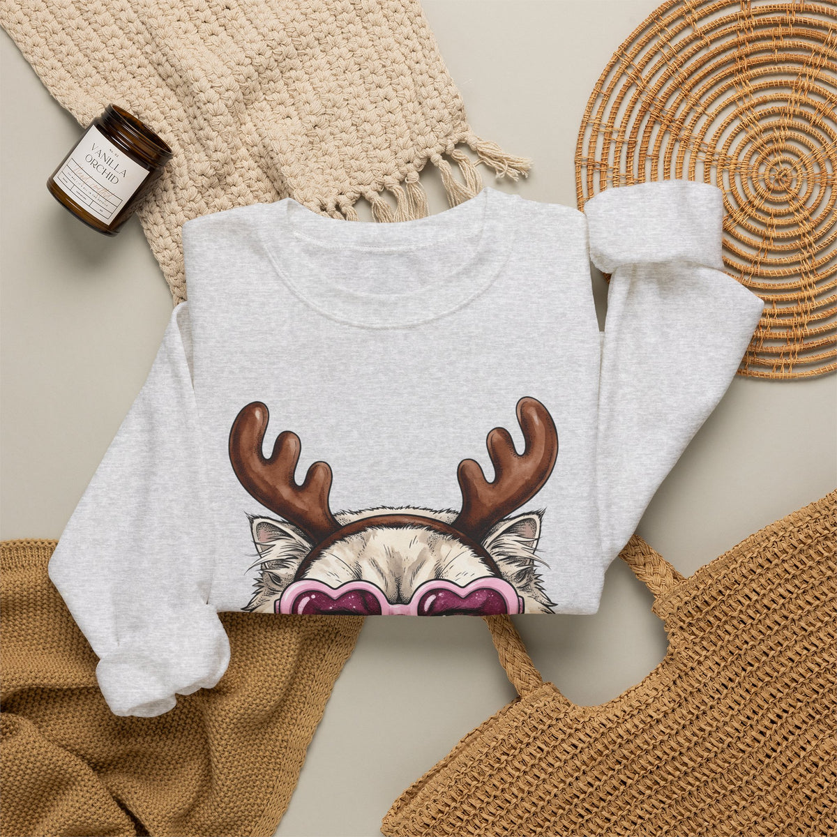Cat Reindeer Sweatshirt Christmas Cat Gift Women Hand Drawn Sweatshirt Reindeer Sweatshirt Xmas Fan Illustrated Graphic Kitten Design Vintage Heart