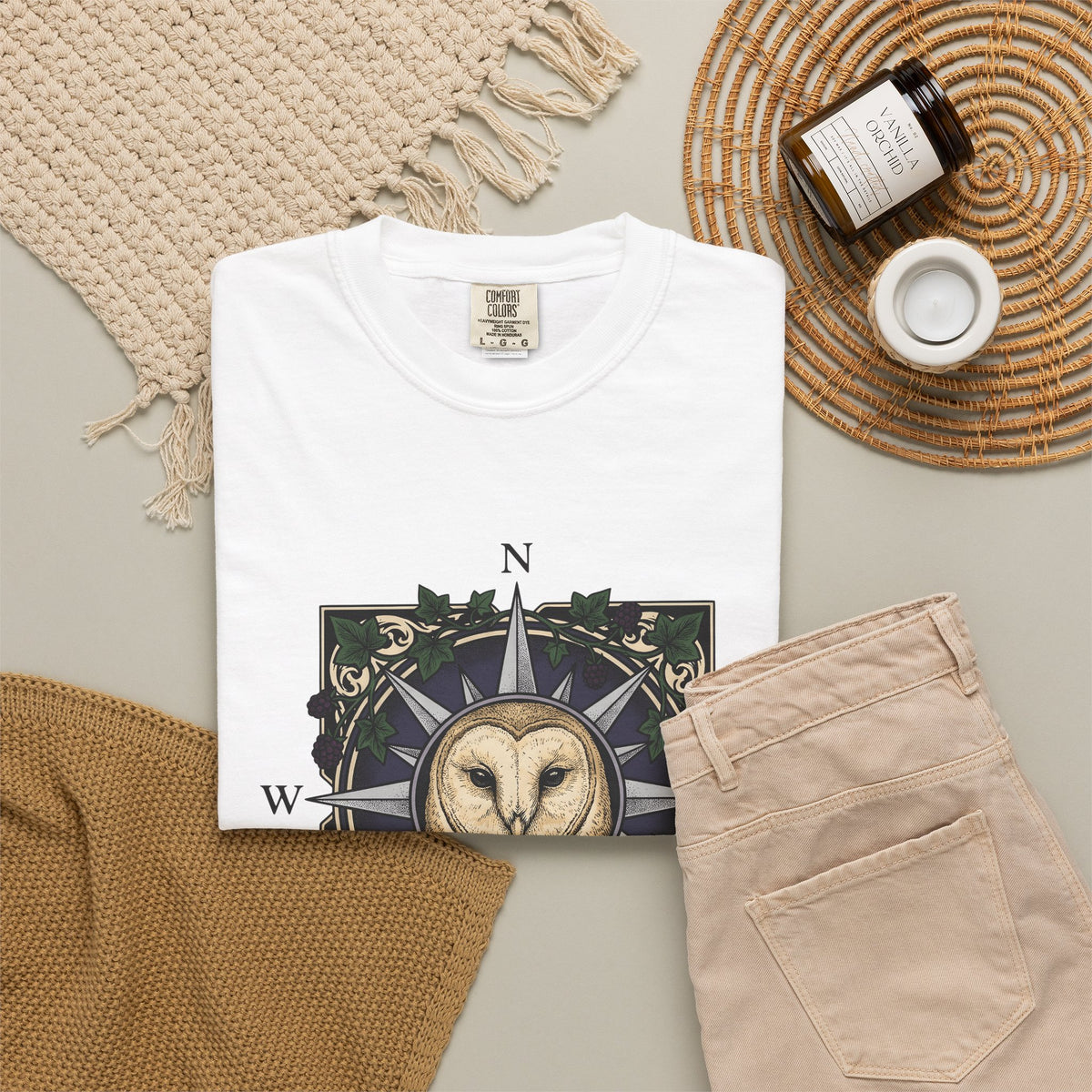 Owl Compass T-Shirt Boho Chic Wilderness Gift Women Enchanting T-Shirt Owl T-Shirt Bohemian Fan Mystical T-Shirt Wilderness Graphic Classic Leaf