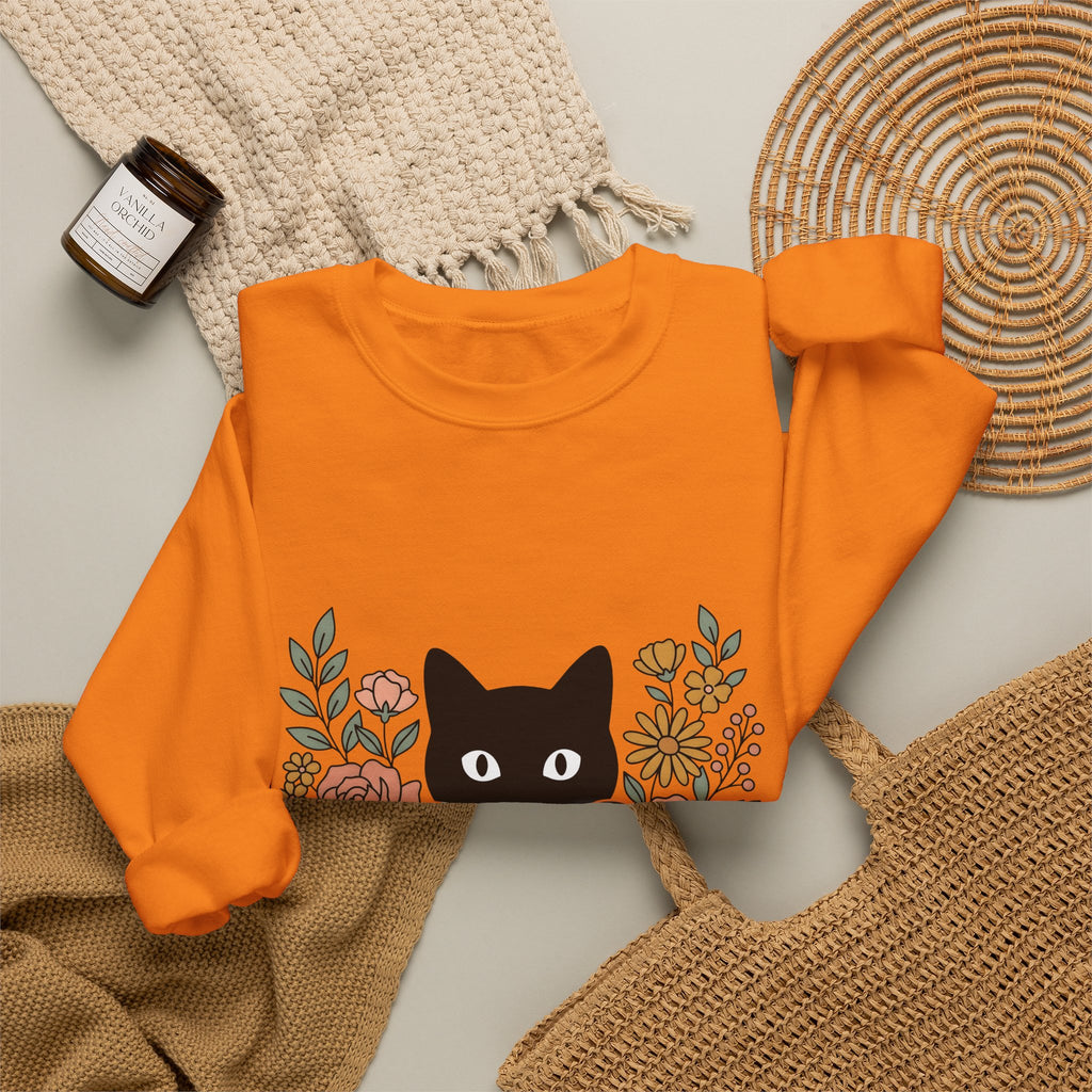 Black Cat Sweatshirt Halloween Garden Gift Women Print Art Sweatshirt Cat Sweatshirt Horror Fan Graphic Sweatshirt Yard Graphic Classic Flower Arrangement