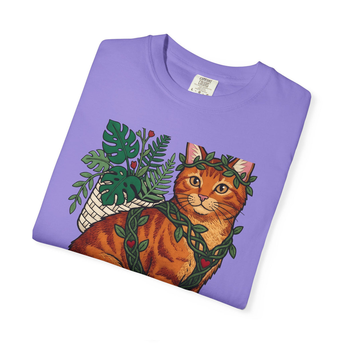 Ginger Cat T-Shirt Cat Wildlife Gift Women Floral T-Shirt Orange Cat T-Shirt Cat Fan Feline Graphic T-Shirt Sketch Indoor Plants T-Shirt
