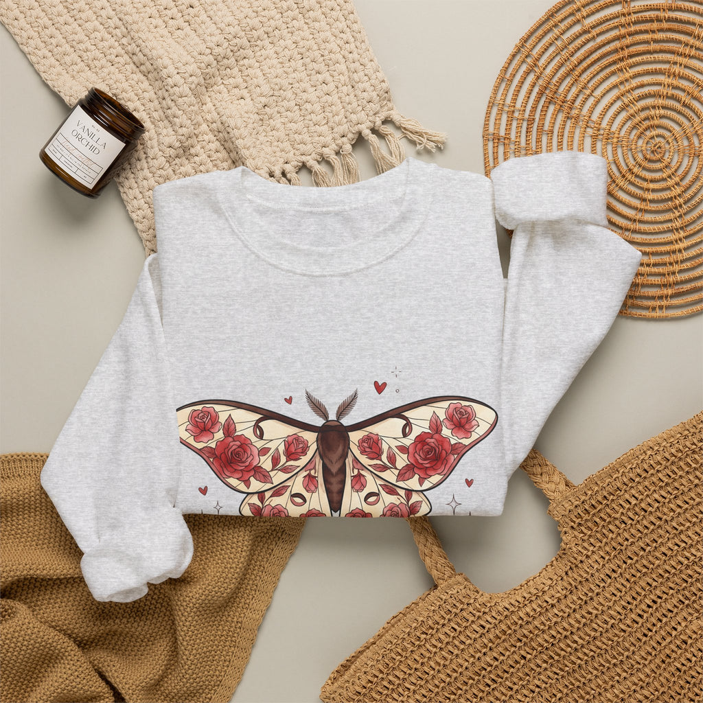 Moth Rose Sweatshirt St. Valentine's Day Floral Gift Women Boho Sweatshirt Rose Sweatshirt Valentine Fan Bohemian Sweatshirt Floral Graphic Tattoo Ribbon