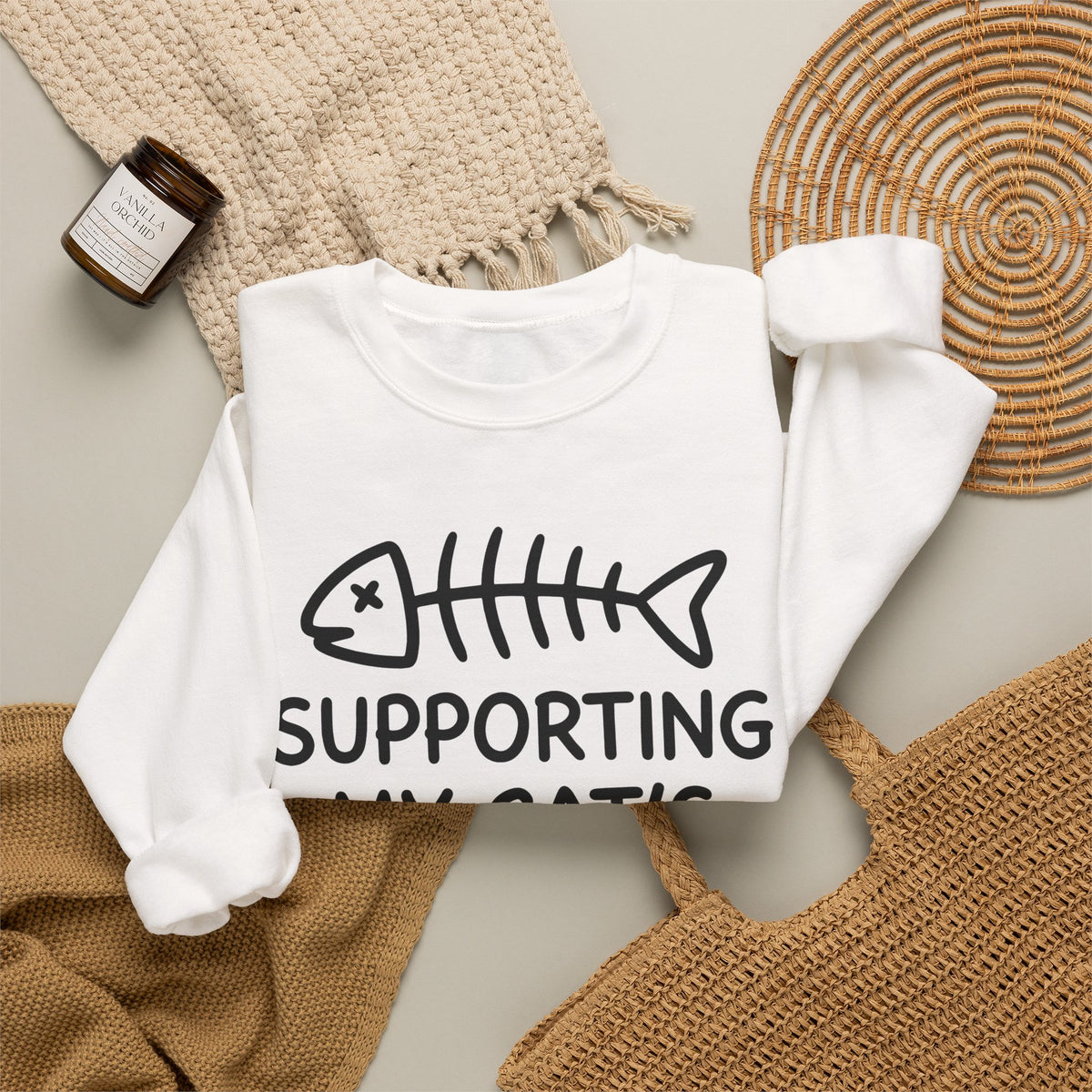 Fish Bone Sweatshirt Cat Funny Gift Women Cute Sweatshirt Fish Skeleton Sweatshirt Cat Fan Fishy Sweatshirt Humorous Graphic Sketch Cat Treats Sweatshirt