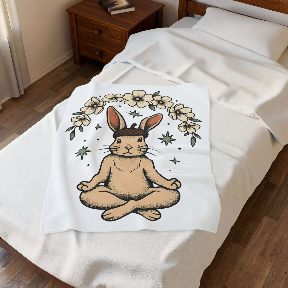 Peaceful Hare Blanket Yoga Critter Gift Women Folk Blanket Rabbit Blanket Yoga Enthusiast Folk Art Blanket Animal Graphic Line Art Garden Loop
