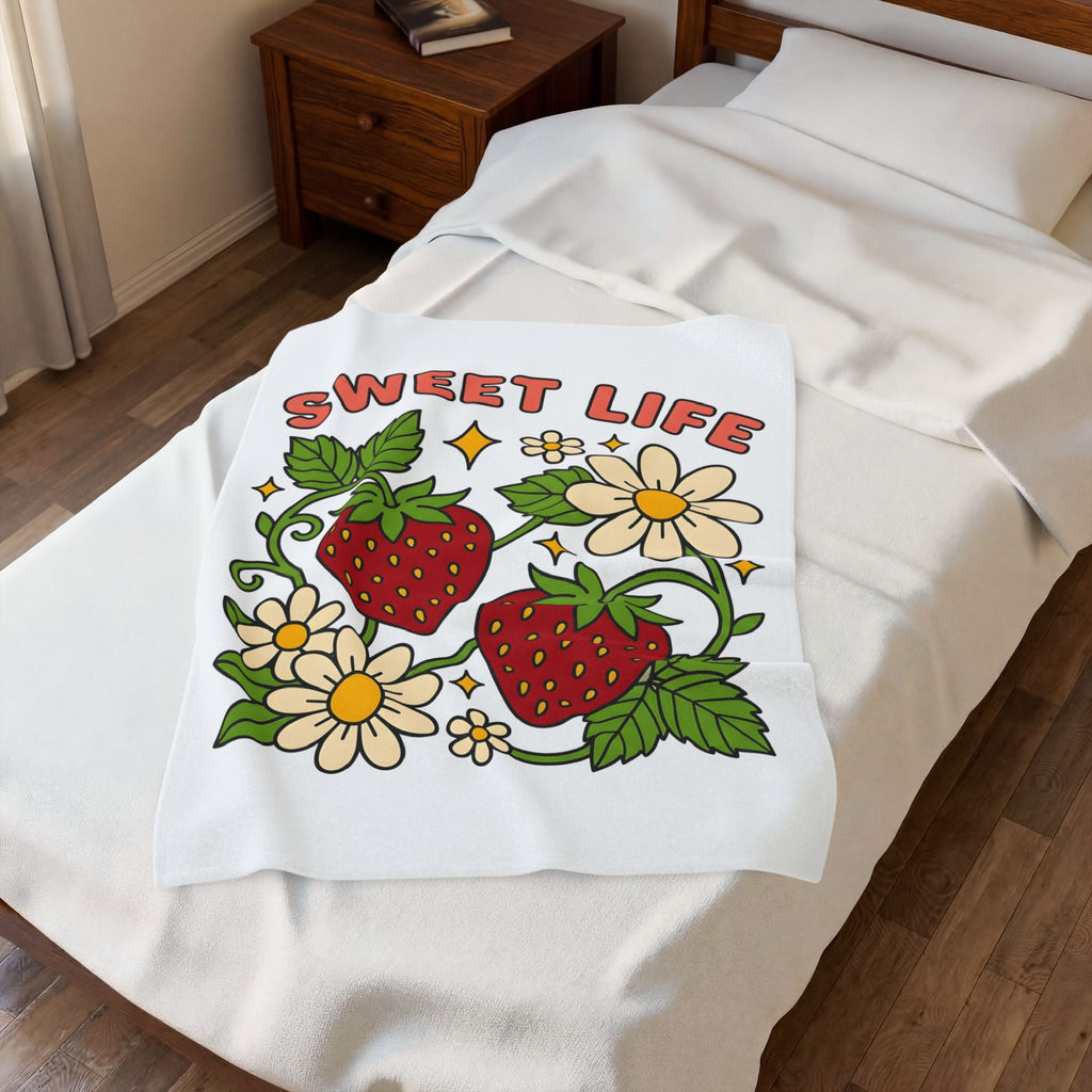 Strawberry Flower Boho Chic Produce Gift Strawberry Hippie Fan Illustrated Fruit Vintage Blanket