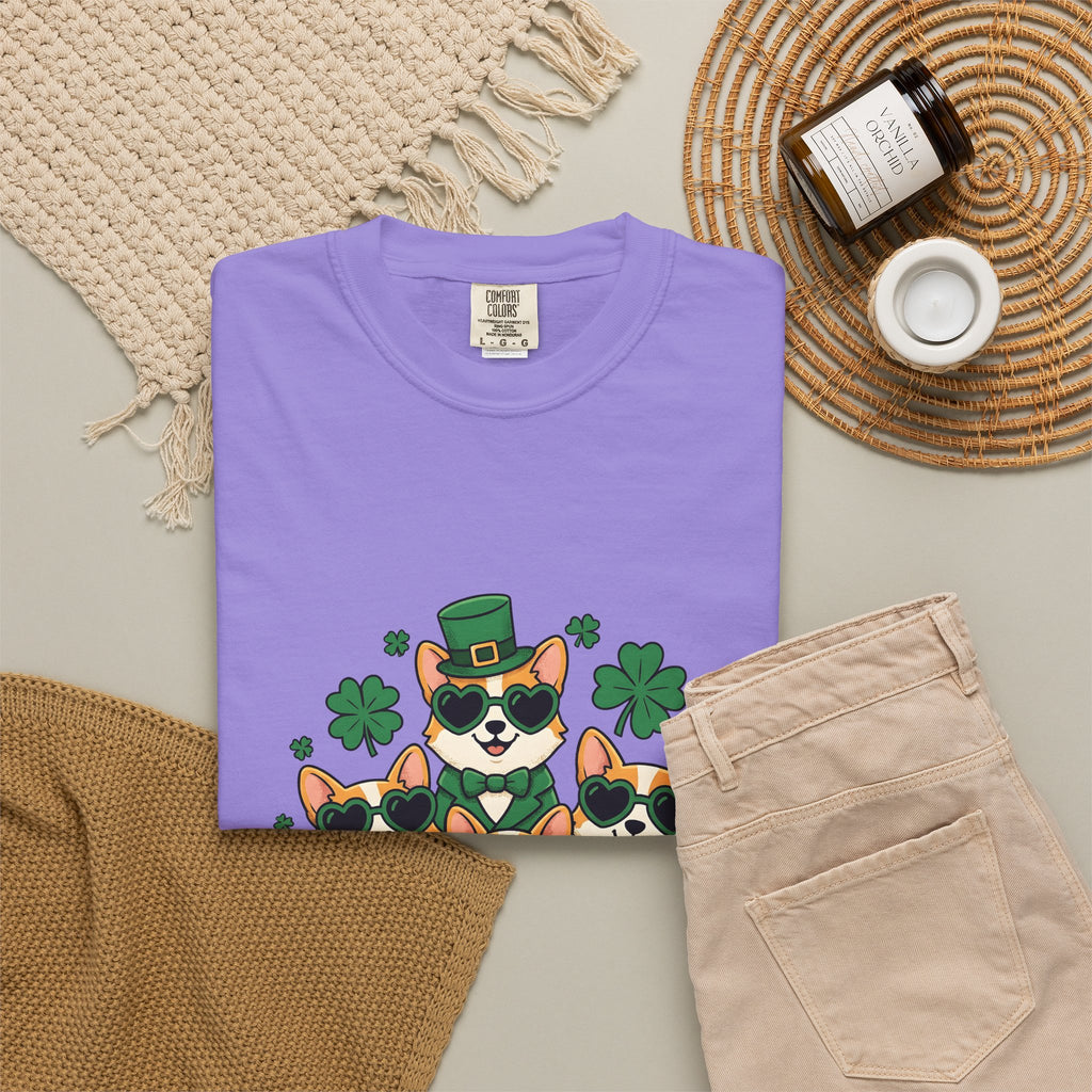 Corgi Puppies T-Shirt St Patrick's Day Pet Owner Gift Women Comic T-Shirt Puppy T-Shirt Shamrock Fan Cartoon T-Shirt Dog Mom Graphic Chibi Clover