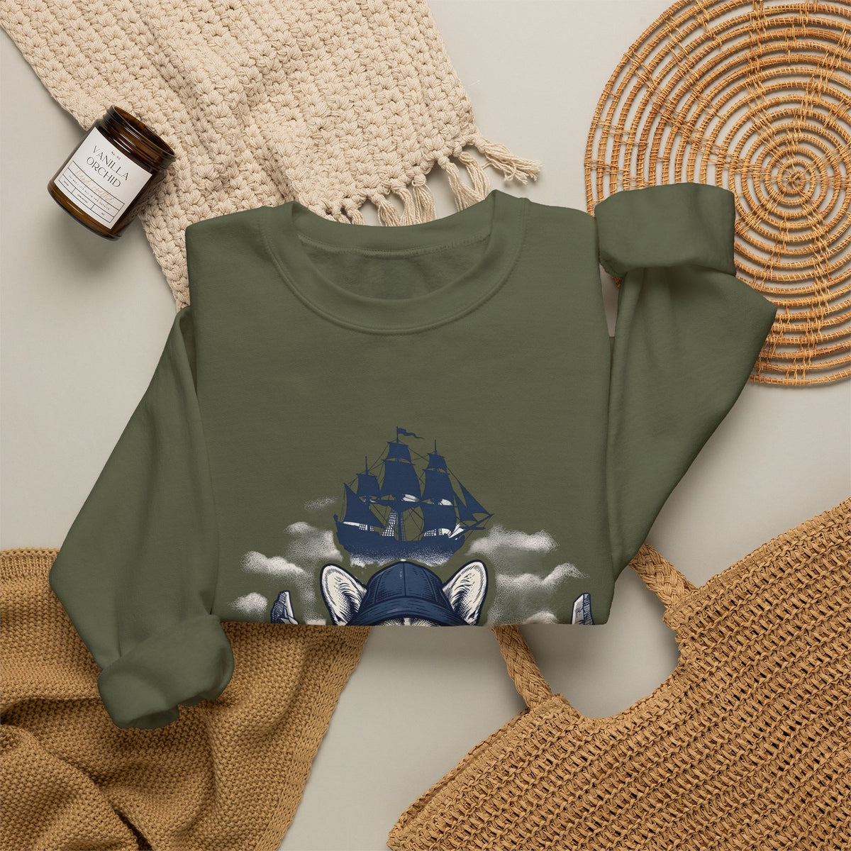 Corgi Pet Sweatshirt Dog Sailing Gift Women Classic Sweatshirt Puppy Sweatshirt Dog Fan Retro Sweatshirt Nautical Graphic Line Art Pirate Boat Sweatshirt