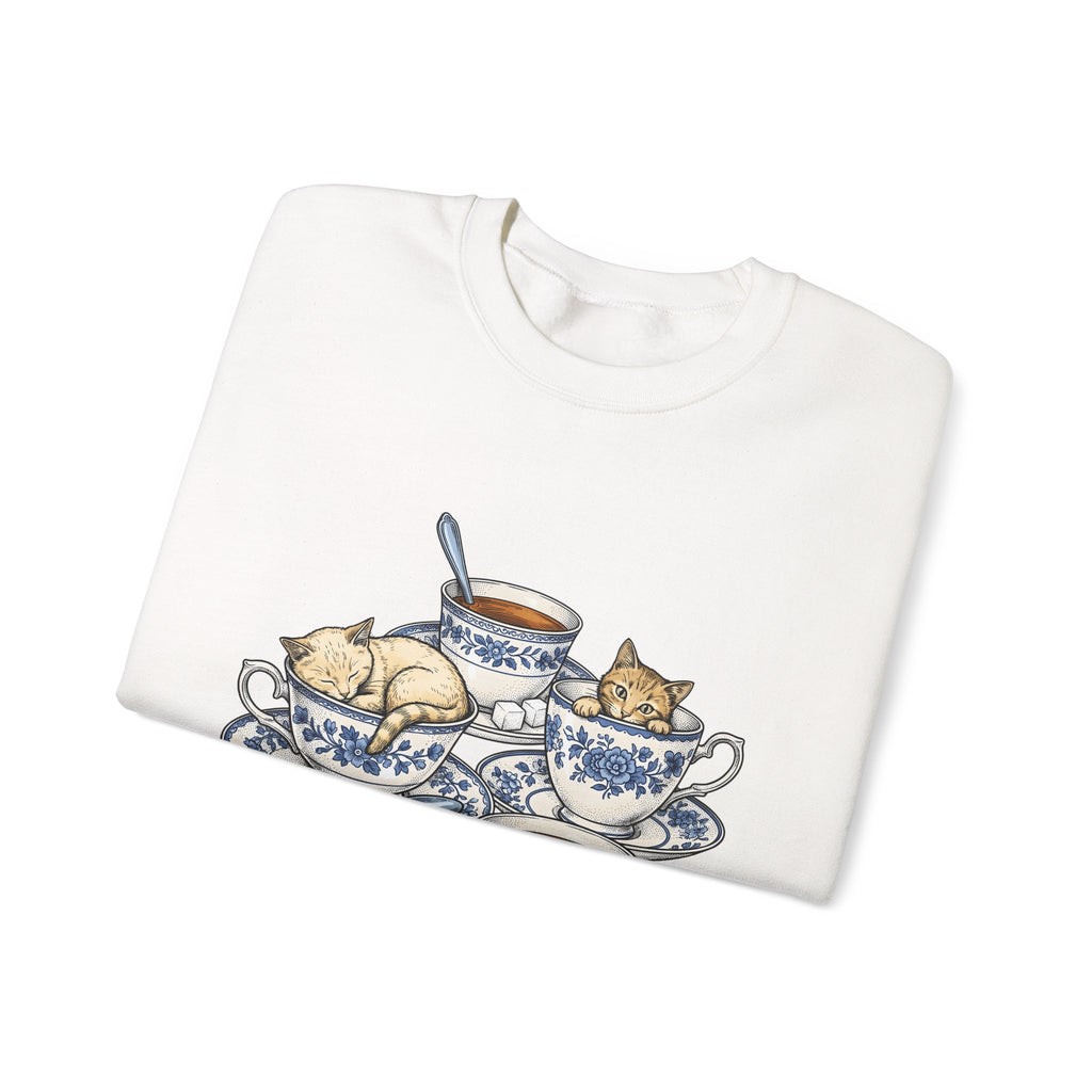 Cat Teacup Sweatshirt Cat Beverage Gift Women Retro Sweatshirt Kitty Sweatshirt Cat Fan Vintage Sweatshirt Coffee Graphic Sketch Flower Design Sweatshirt