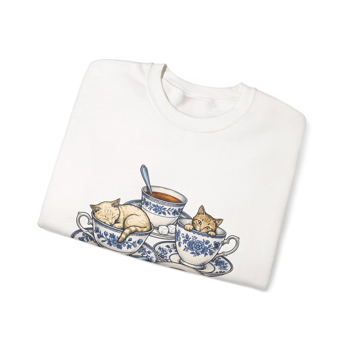 Cat Teacup Sweatshirt Cat Beverage Gift Women Retro Sweatshirt Kitty Sweatshirt Cat Fan Vintage Sweatshirt Coffee Graphic Sketch Flower Design Sweatshirt