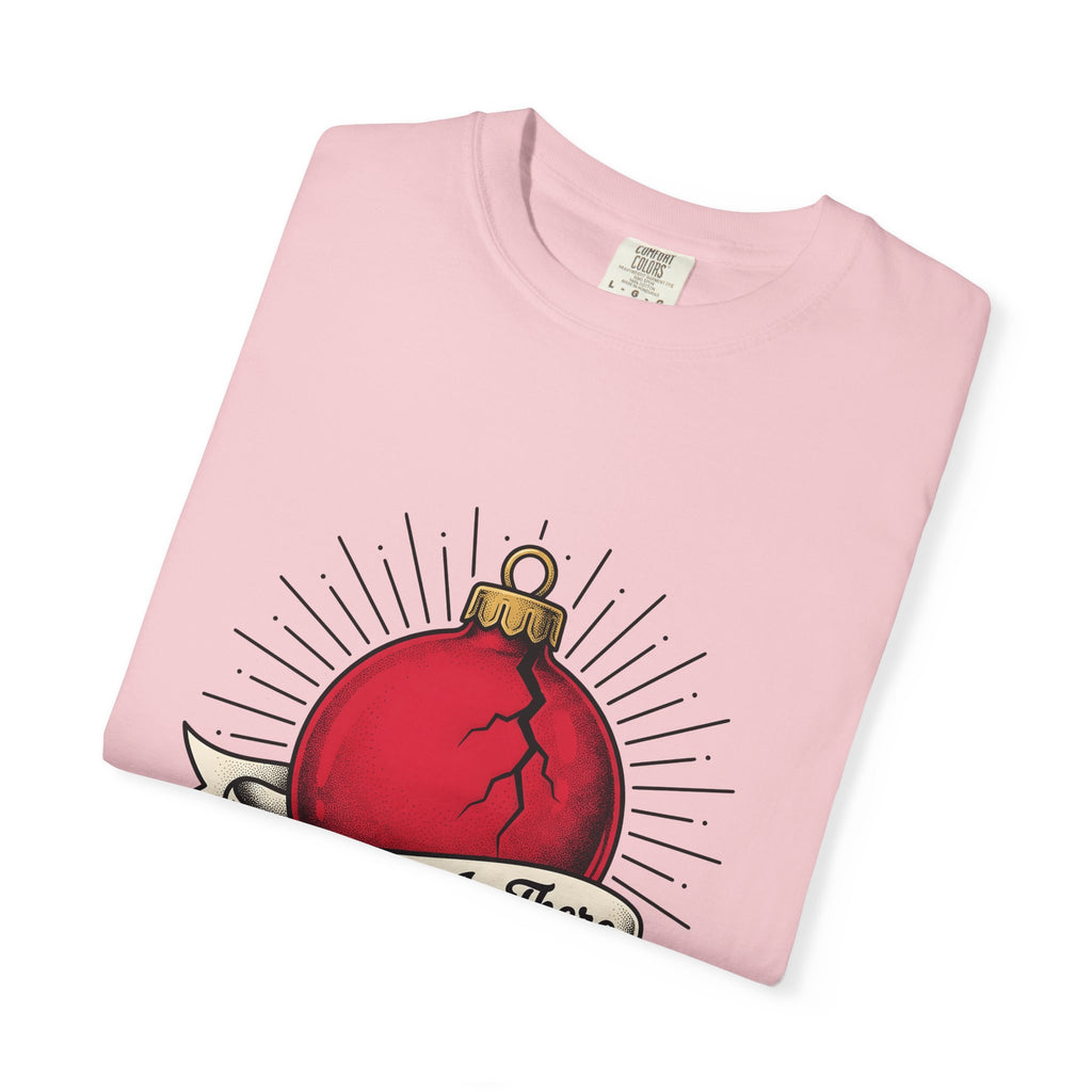 Fractured Ornament T-Shirt Christmas Satire Gift Women Hand Drawn T-Shirt Broken Bauble T-Shirt Xmas Fan Hand Drawn T-Shirt Sarcastic Graphic Old