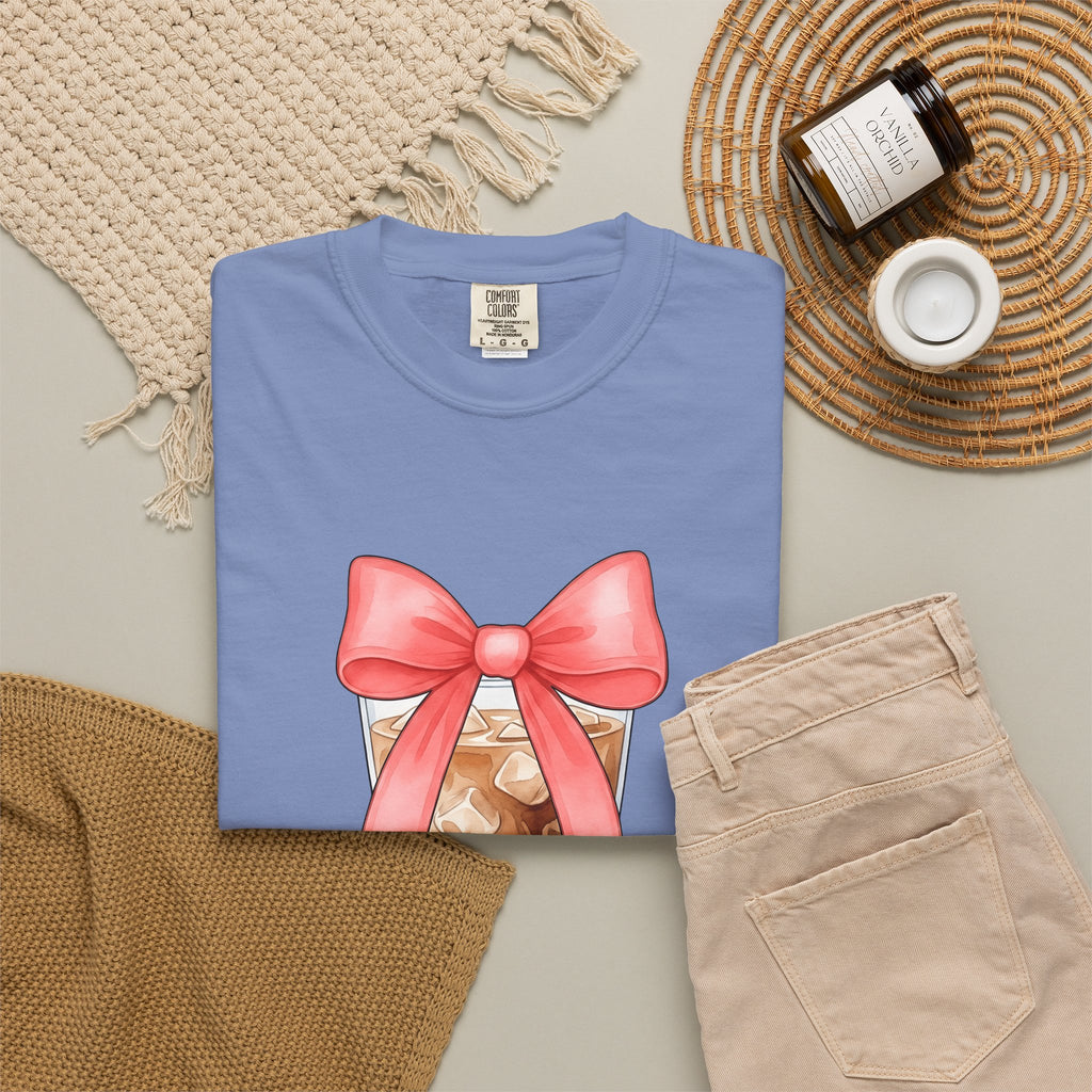 Iced Coffee T-Shirt Coffee Mom Gift Women Watercolor T-Shirt Cold Brew T-Shirt Coffee Fan Watercolour T-Shirt Mother Graphic Hand Drawn Pink Bow