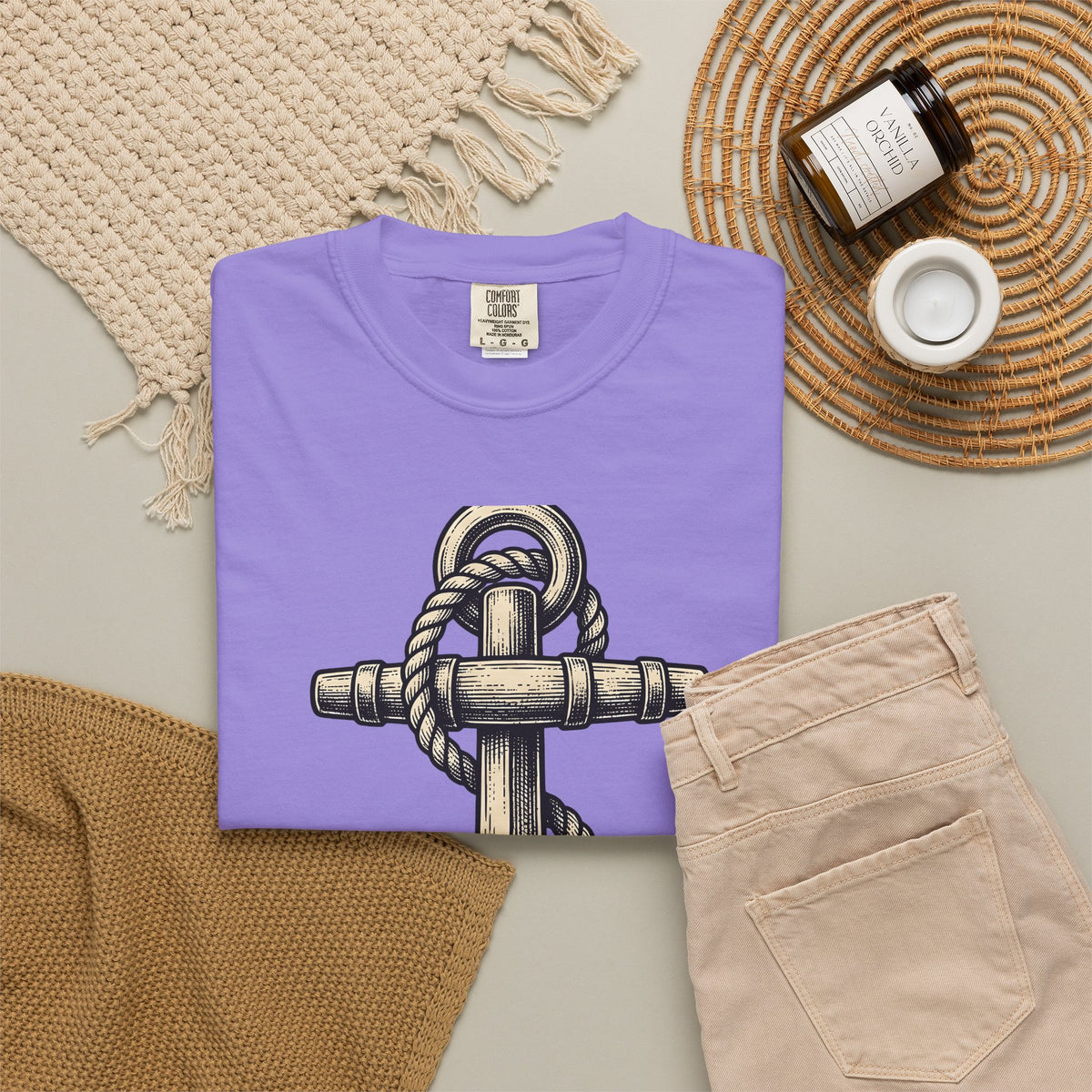 Anchor Line Nautical Beach Gift Old School Rope Sailor Fan Mooring Outline Seaside T-Shirt