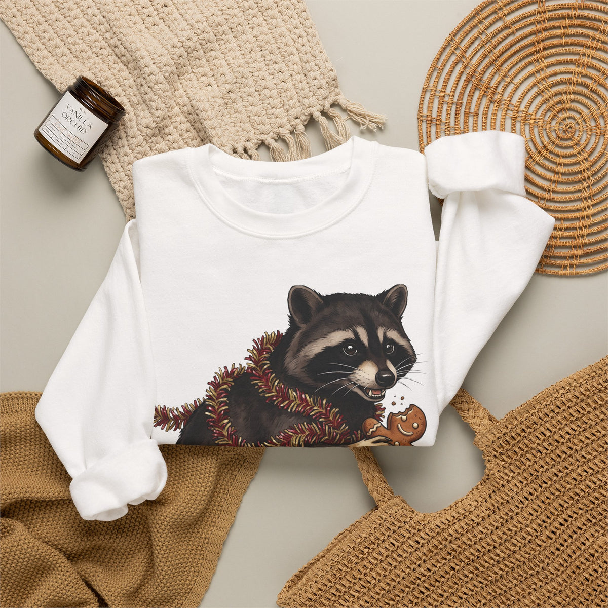 Raccoon Graphic Sweatshirt Christmas Animal Gift Women Cute Sweatshirt Trash Panda Sweatshirt Xmas Fan Wildlife Graphic Illustration Hand Drawn Gingerbread