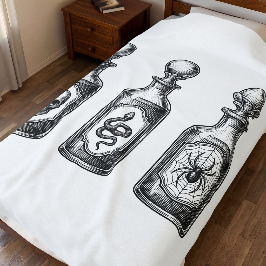 Elixir Jars Blanket Boho Chic Party Gift Women Hand Drawn Blanket Apothecary Jars Blanket Bohemian Fan Illustrated Blanket Rave Graphic Macabre