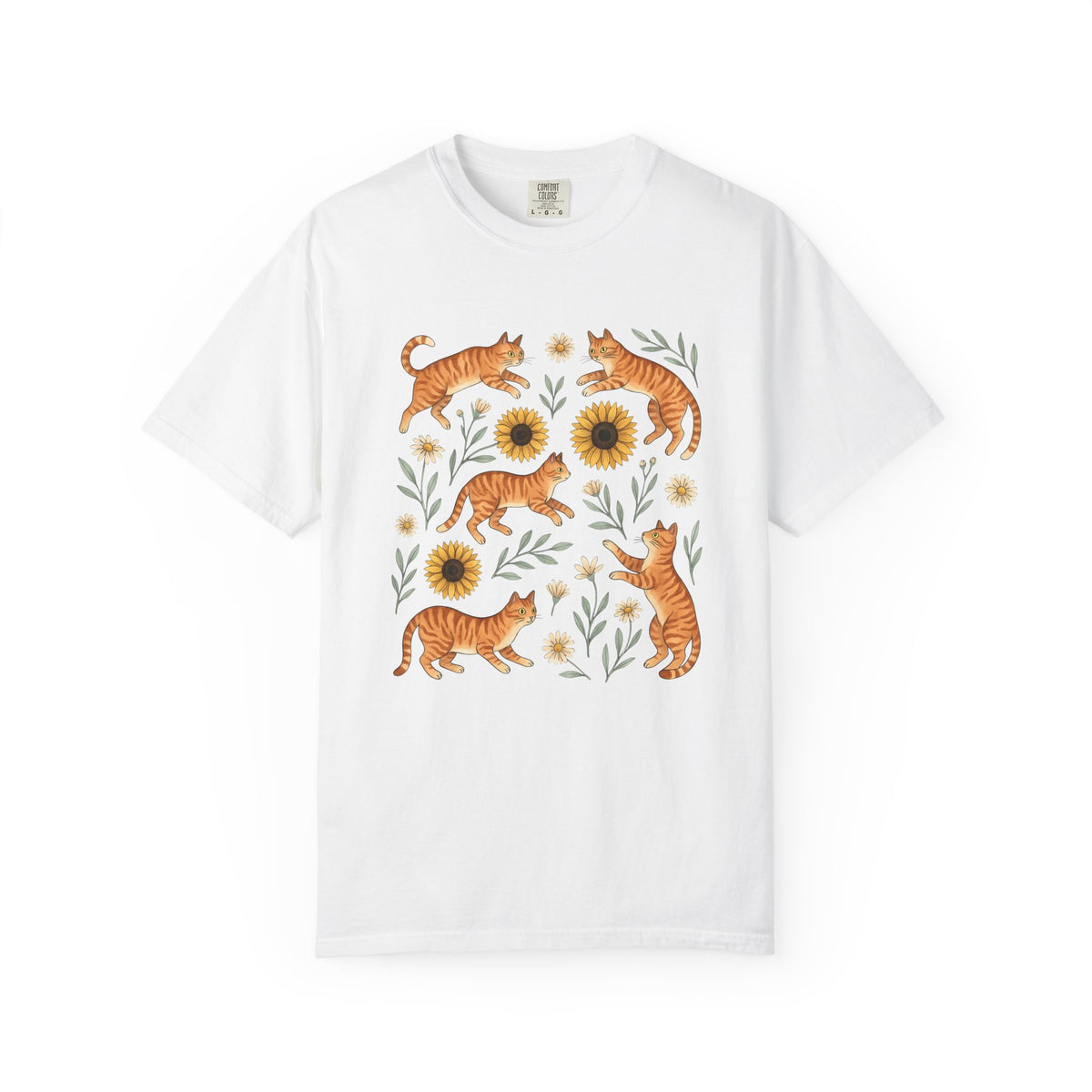 Ginger Cats T-Shirt Cat Flower Gift Women Cartoon T-Shirt Orange Cat T-Shirt Cat Fan Feline Graphic Illustration Comic T-Shirt Sketch Sunflower