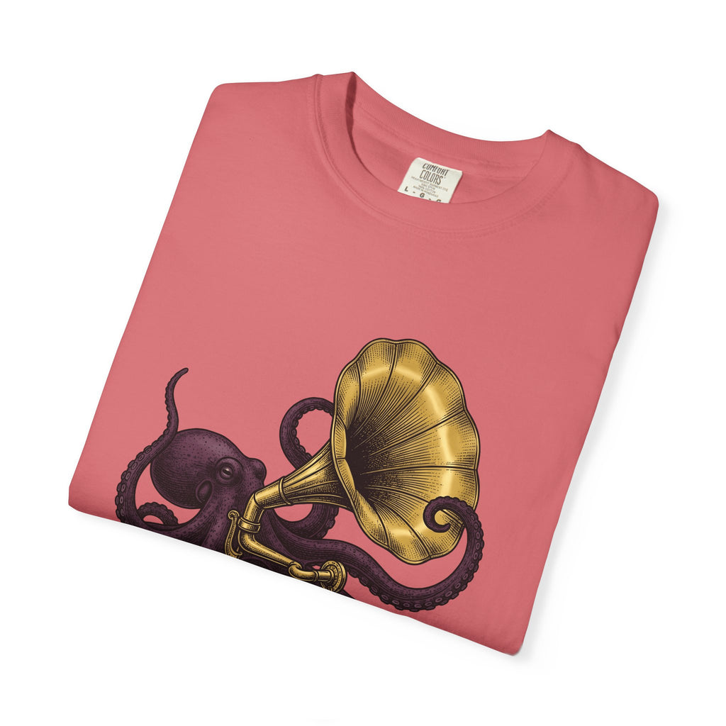 Octopus Phonograph T-Shirt Animal Sound Gift Women Classic T-Shirt Gramophone T-Shirt Pet Fan Retro T-Shirt Audio Graphic Doodle Music Player