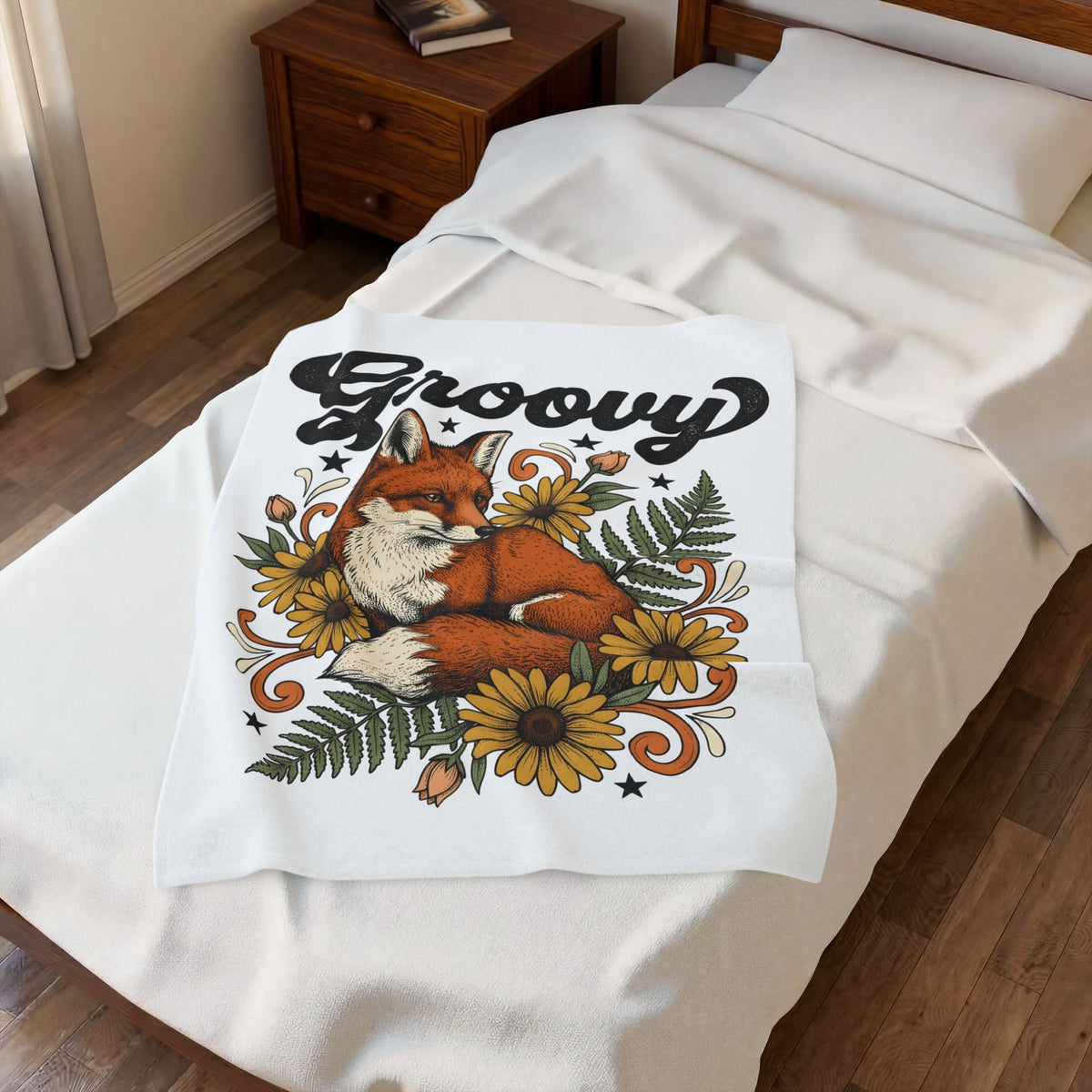 Fox Floral Fox Nature Gift Boho Floral Fox Fan Bohemian Environmental Vintage Sunflowers Blanket