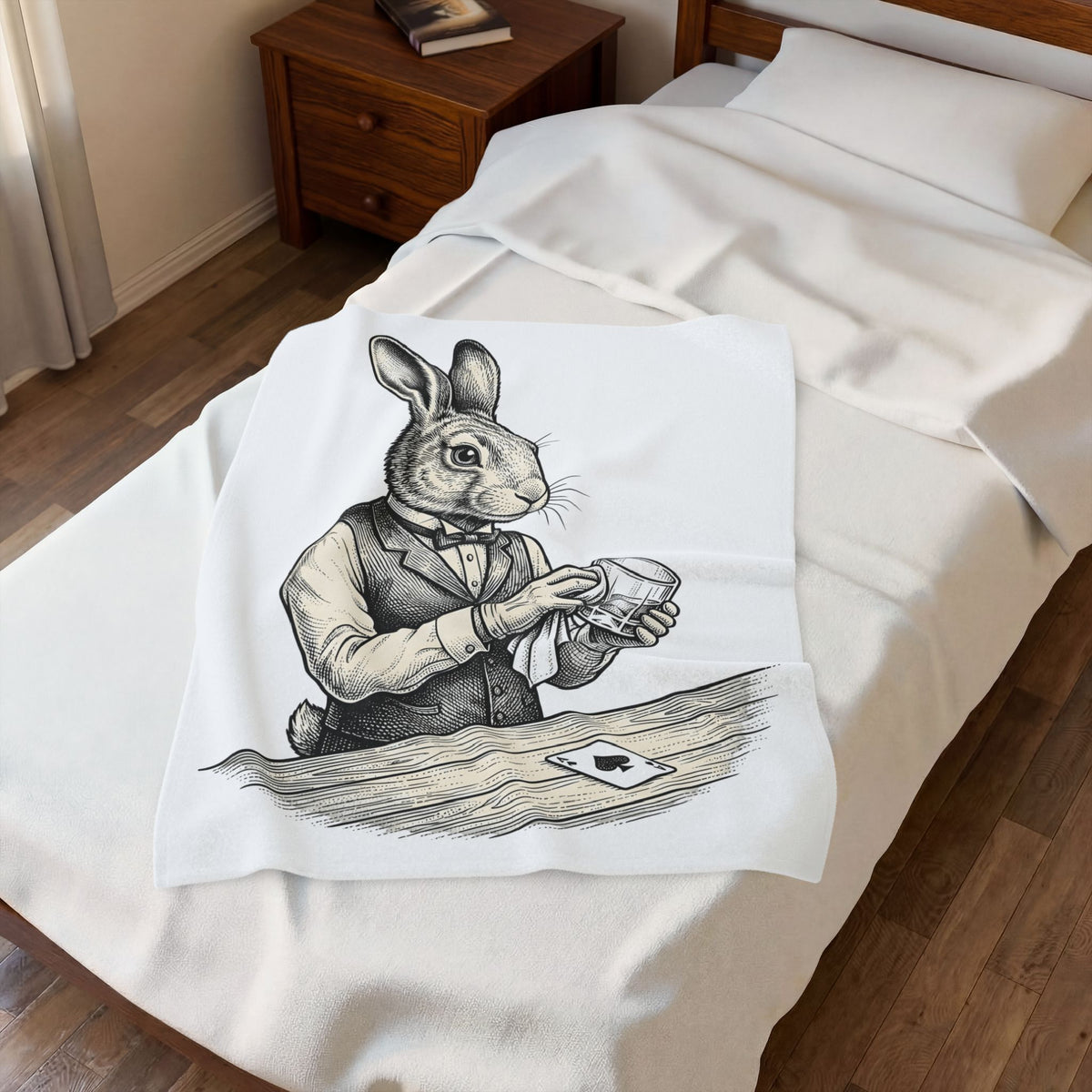 Rabbit Bartender Blanket Animal Bar Gift Women Vintage Blanket Bunny Blanket Pet Fan Retro Blanket Pub Graphic Hand Drawn Playing Card Blanket