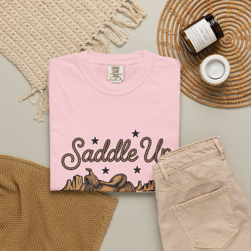 Leather Saddle T-Shirt Cowgirl Ranch Gift Women Distressed T-Shirt Saddle T-Shirt Cowboy Fan Saddlery T-Shirt Farm Graphic Line Art Succulent