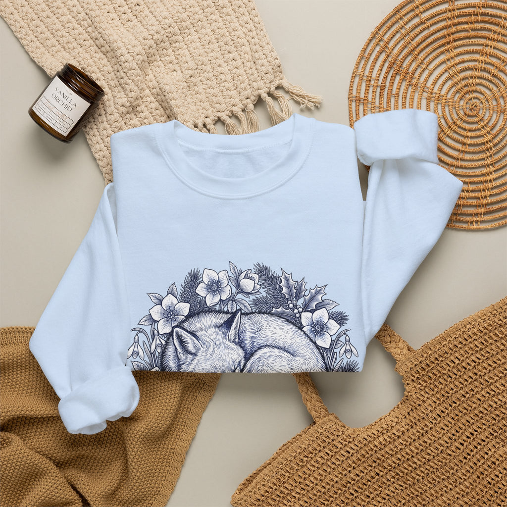 Fox Blossom Sweatshirt Christmas Creature Gift Women Cartoon Sweatshirt Flower Sweatshirt Xmas Fan Comic Sweatshirt Beast Graphic Hand Drawn Pine Branch Sweatshirt