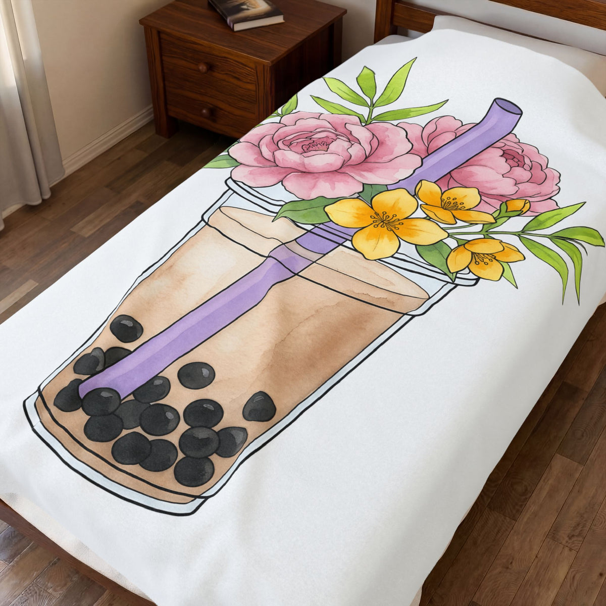Tea Flower Bouquet Blanket Drinks Blossom Gift Women Acrylic Blanket Floral Arrangement Blanket Beverage Fan Painted Blanket Flower Graphic Line