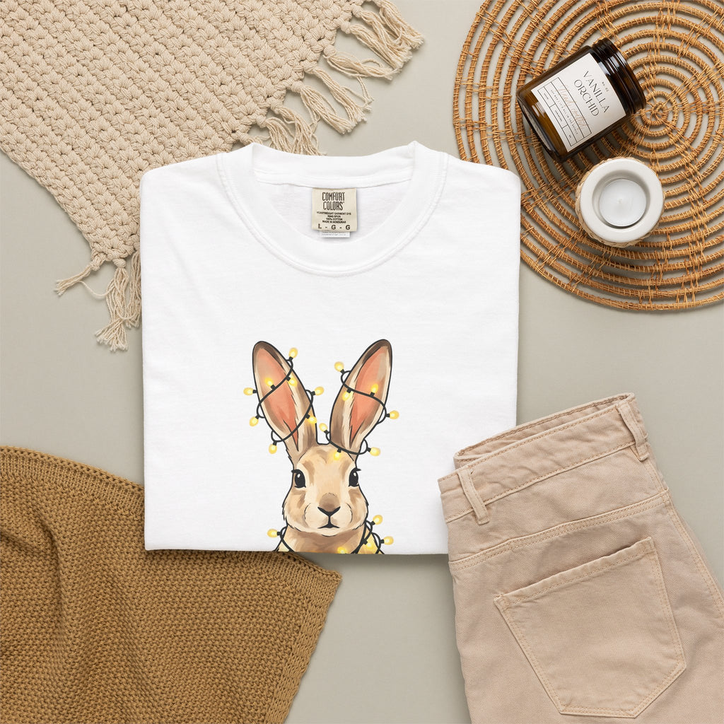 Bunny T-Shirt Animals Holiday Gift Women Cute T-Shirt Rabbit T-Shirt Pet Fan Cute T-Shirt Christmas Graphic Hand Drawn String Lights T-Shirt